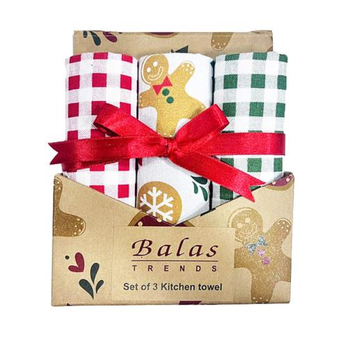 3 Christmas Tea Towels Gift Set Gingerbread Recycled Cotton
