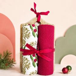 2 Christmas Tea Towels + Wood Serving Board Recycled Cotton