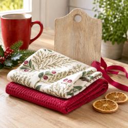 2 Christmas Tea Towels + Wood Serving Board Recycled Cotton