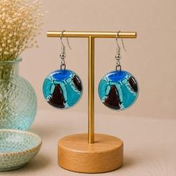 Earrings, glass round blue and black 2cm diameter