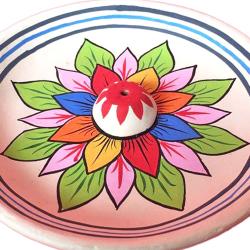 Incense holder/ashcatcher round, painted clay lotus design