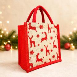 Jute shopper or Christmas gift bag, reindeer design, 30x30cm