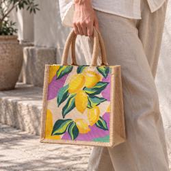 Jute shopping bag, square, Lemons