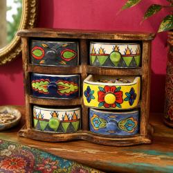 Mini Chest Mango Wood 6 Ceramic Drawers 23 x 9 x 18cm