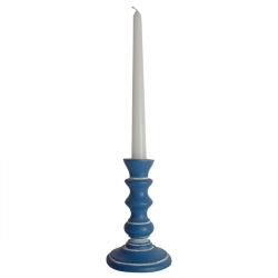 Candlestick/holder hand carved eco-friendly mango wood blue 15cm height