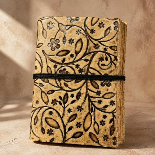 Notebook Leather Bound Leaves/Flowers Brown 13 x 18cm