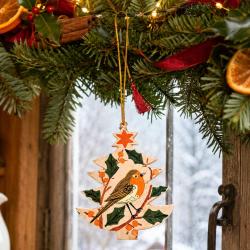 Hanging Tree Shape Decoration Papier Mâché Robin Design 8cm