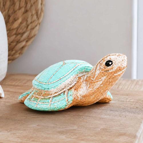 Turtle Ornament Blue Shell Back Albesia Wood 17cm