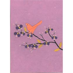 Handmade card bird on branch, purple background 12 x 17cm