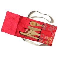 Bamboo cutlery set in red cotton pouch