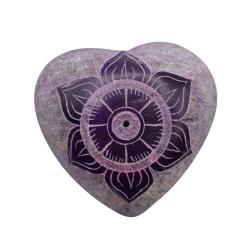 Pebble / incense holder heart carved soapstone, chakra crown 5.5cm