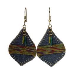 Earrings recycled denim jeans, teardrop beads and multicoloured bands