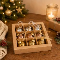 Box of 9 Glass Tree Decorations Round Silver Copper Gold