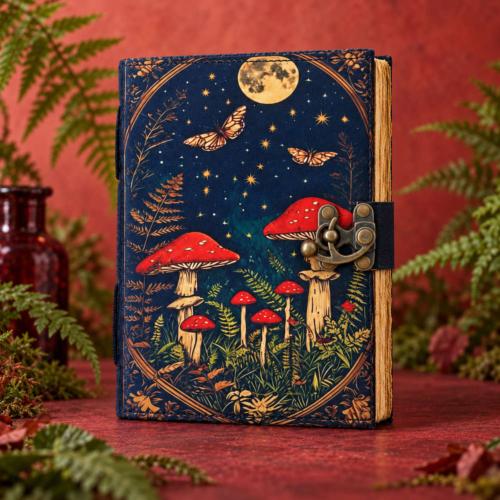 Leather notebook mushroom design, 6 x 8 inches