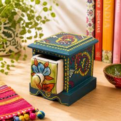Mini Chest Mango Wood Blue-Grey 1 Ceramic Drawer 10x10x10cm