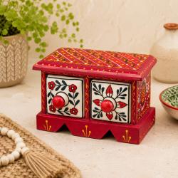Mini Chest Mango Wood Red 2 Ceramic Drawers 16x10x10cm