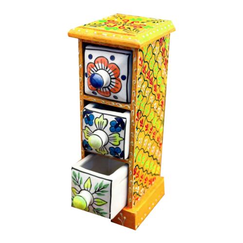 Mini Chest Mango Wood Yellow 3 Ceramic Drawers Vertical 10x10x25cm