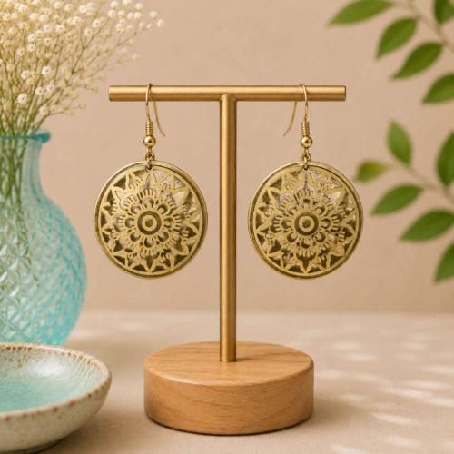 Earrings brass discs with yellow inlay