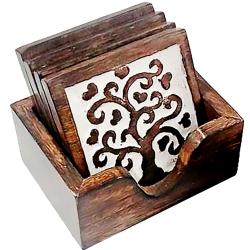 Set of 6 square coasters in holder, mango wood, Tree of Life design, 13x13x11cm