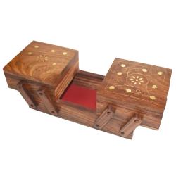 Jewellery box Sheesham wood sliding, inlaid brass floral design 20 x 9 x 10cm