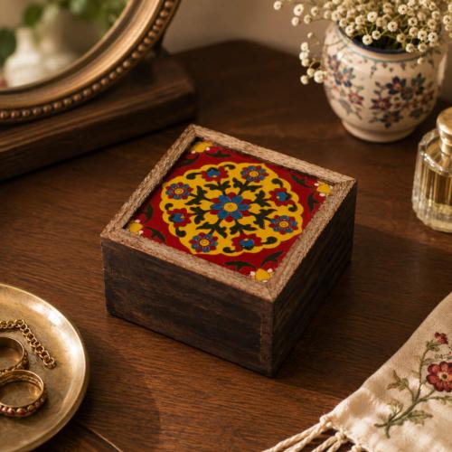 Secret Lock Box Mango Wood with Tile - Floral on Red