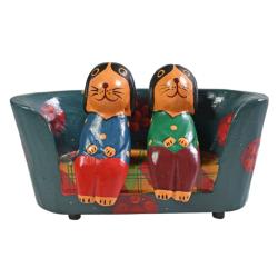 2 Dogs on a floral sofa hand carved Albesia wood, 15 x 8 x 4cm