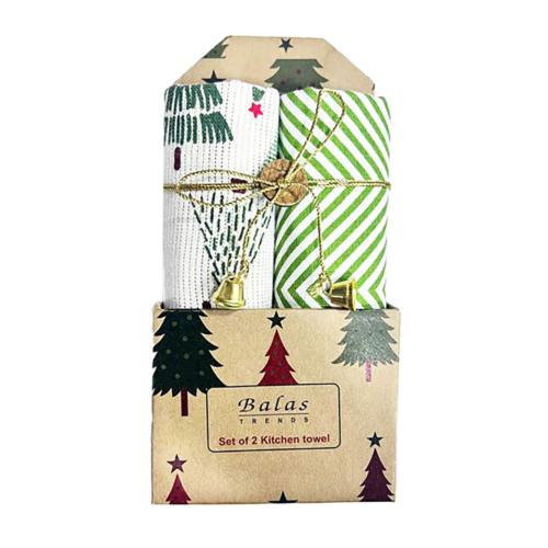 2 Christmas Tea Towels Gift Set Green Recycled Cotton