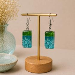 Earrings glass ‘Patagonia’ short rectangular dangle, blue and green 1.3 x 0.7cms