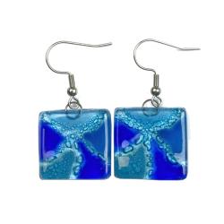 Earrings Recycled Glass Square Blues 2 x 2cm