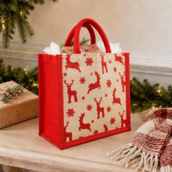 Jute shopper or Christmas gift bag, reindeer design, 30x30cm