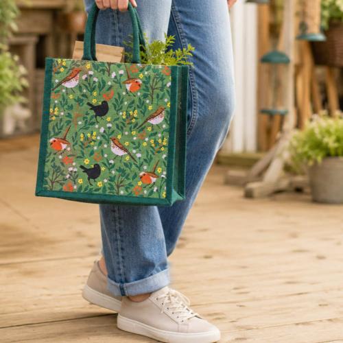 Jute Shopping Bag, Garden Birds 30x30cm