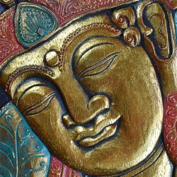 Wall hanging woodcarving Budhha head to side multicoloured 30 x 40 x 3xm