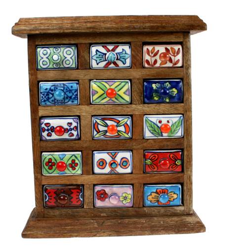 Wooden mini chest, 15 ceramic drawers