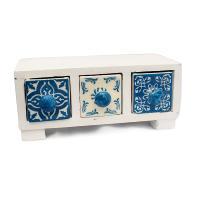 Wooden mini chest blue & white, 3 ceramic drawers