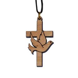 Pendant olive wood, cross with dove, 2 x 3.5cm