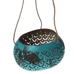 Coconut hanging planter/t-lite holder turquoise, cut out 'smiles' design