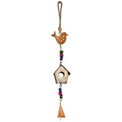 Hanging windchime bird and miniature birdhouse recycled brass