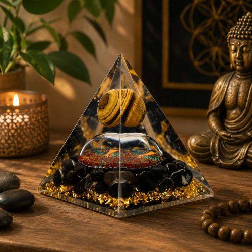Orgone Pyramid Black Tourmaline Tiger Eye 9x7cm