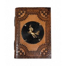 Notebook Leather Bound Old World with Metal Horse 13 x 18cm
