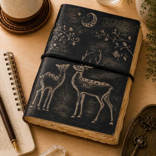 Notebook Leather Bound Deer and Stag Black 13 x 18cm