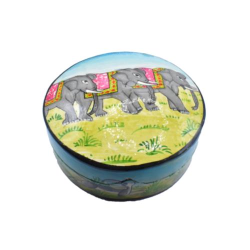 Round Trinket Box 3 Elephants Papier Mâché 11cm