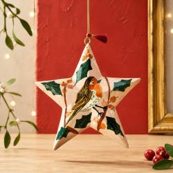 Hanging Star Decoration Papier Mâché Robin Design 10cm