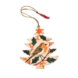 Hanging Tree Shape Decoration Papier Mâché Robin Design 8cm