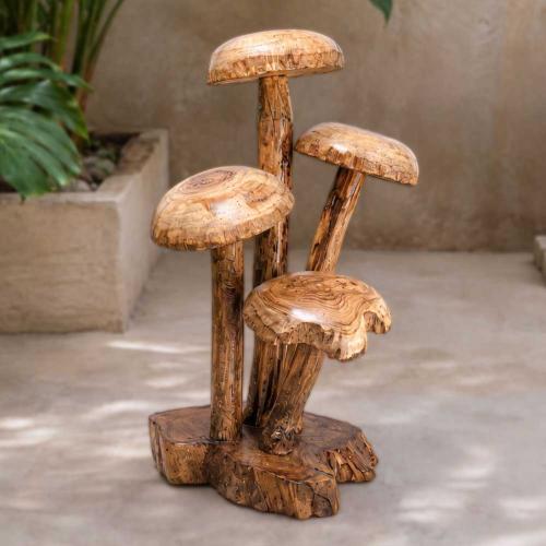 Hand-Carved Four Toadstool Sculpture (30cm)