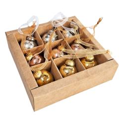 Box of 9 Glass Tree Decorations Round Silver Copper Gold