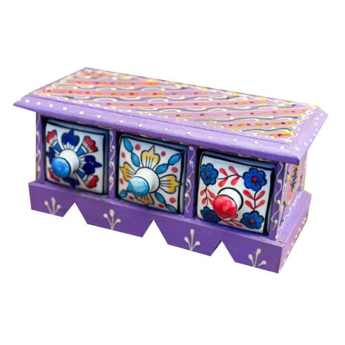 Mini Chest Mango Wood Purple 3 Ceramic Drawers 23x10x10cm