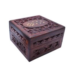 Jewellery/Trinket box, Sheesham Wood Floral Carved + Brass Inlay 10x10cm