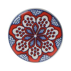 Single round ceramic coaster floral red on blue