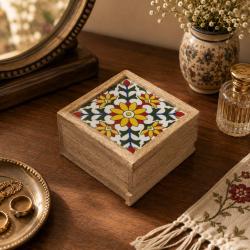 Secret Lock Box Mango Wood with Tile - Floral on White