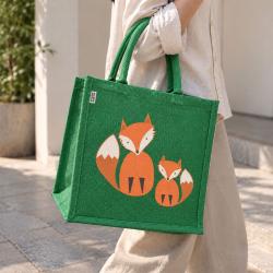 Jute shopping bag, green with foxes